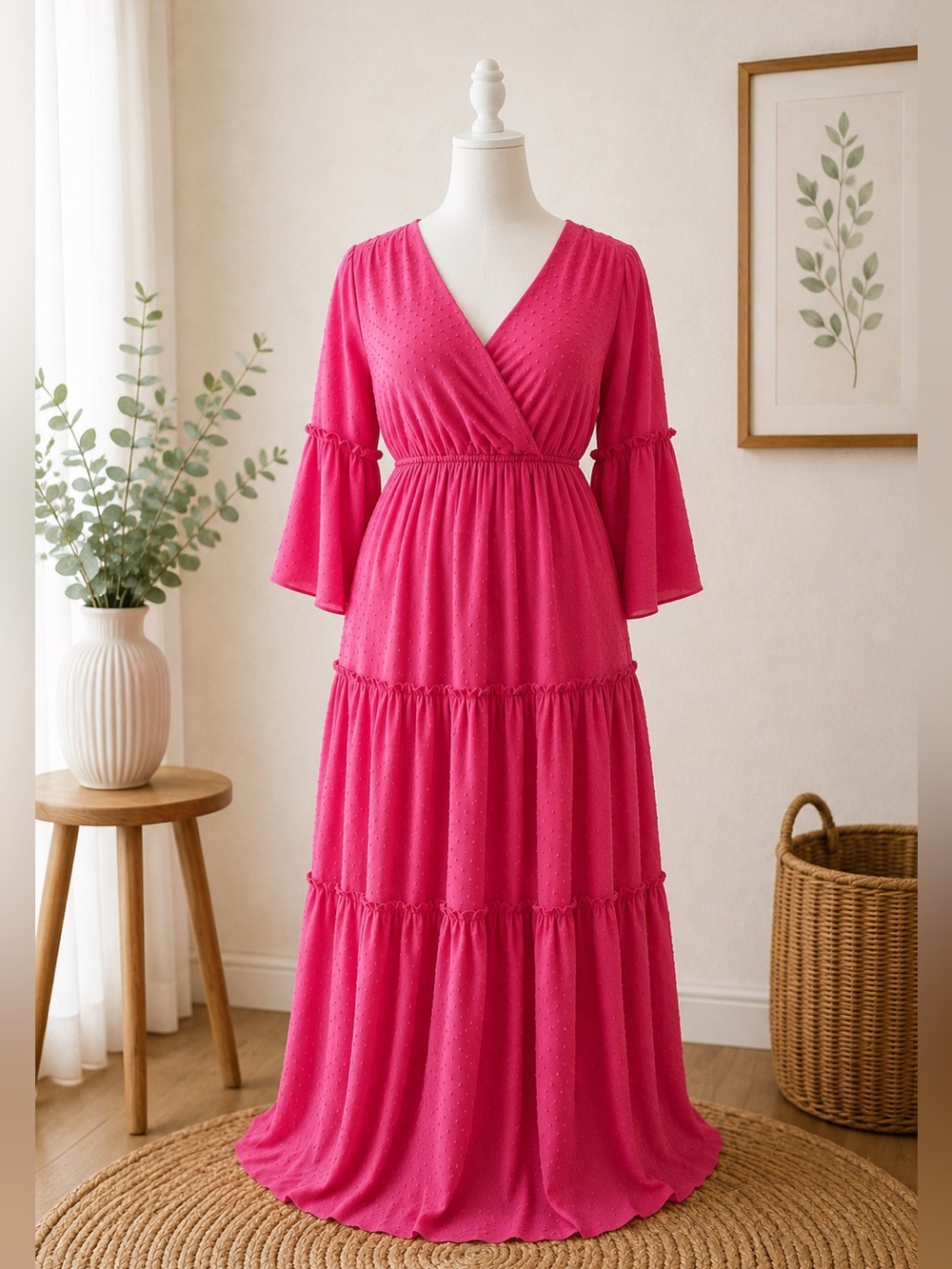 Plus Size 1X Pink Swiss Dot Maxi Dress Boho Tiered Bell Sleeve NWOT